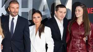 LONDON, ENGLAND - OCTOBER 03: (L-R)Harper Beckham, David Beckham, Victoria Beckham, Brooklyn Beckham and Nicola Peltz attend the Netflix 'Beckham' UK Premiere at The Curzon Mayfair on October 03, 2023 in London, England.  (Photo by Samir Hussein/WireImage)