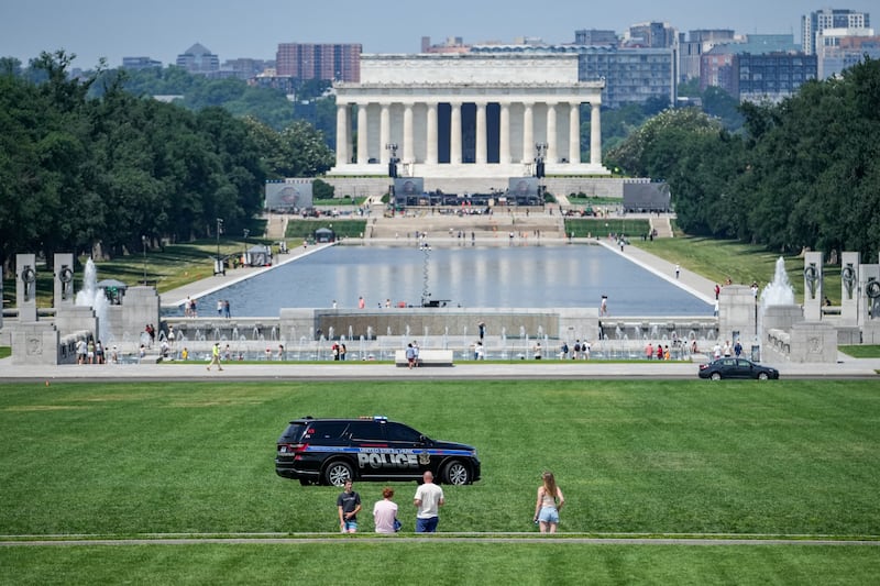 Authorities on Thursday responded to what appeared to be a large tracing of "8647" into the grounds of the National Mall.