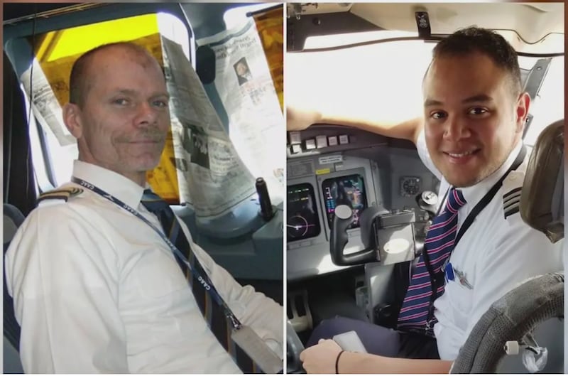 A side-by-side split of pilots Brad Schlenker, 63, and Fabio Nunez, 33.