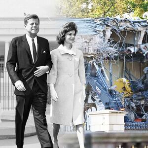 A photo illustration of President John F. Kennedy and first lady Jacqueline Kennedy in front of the East Wing of the White House.