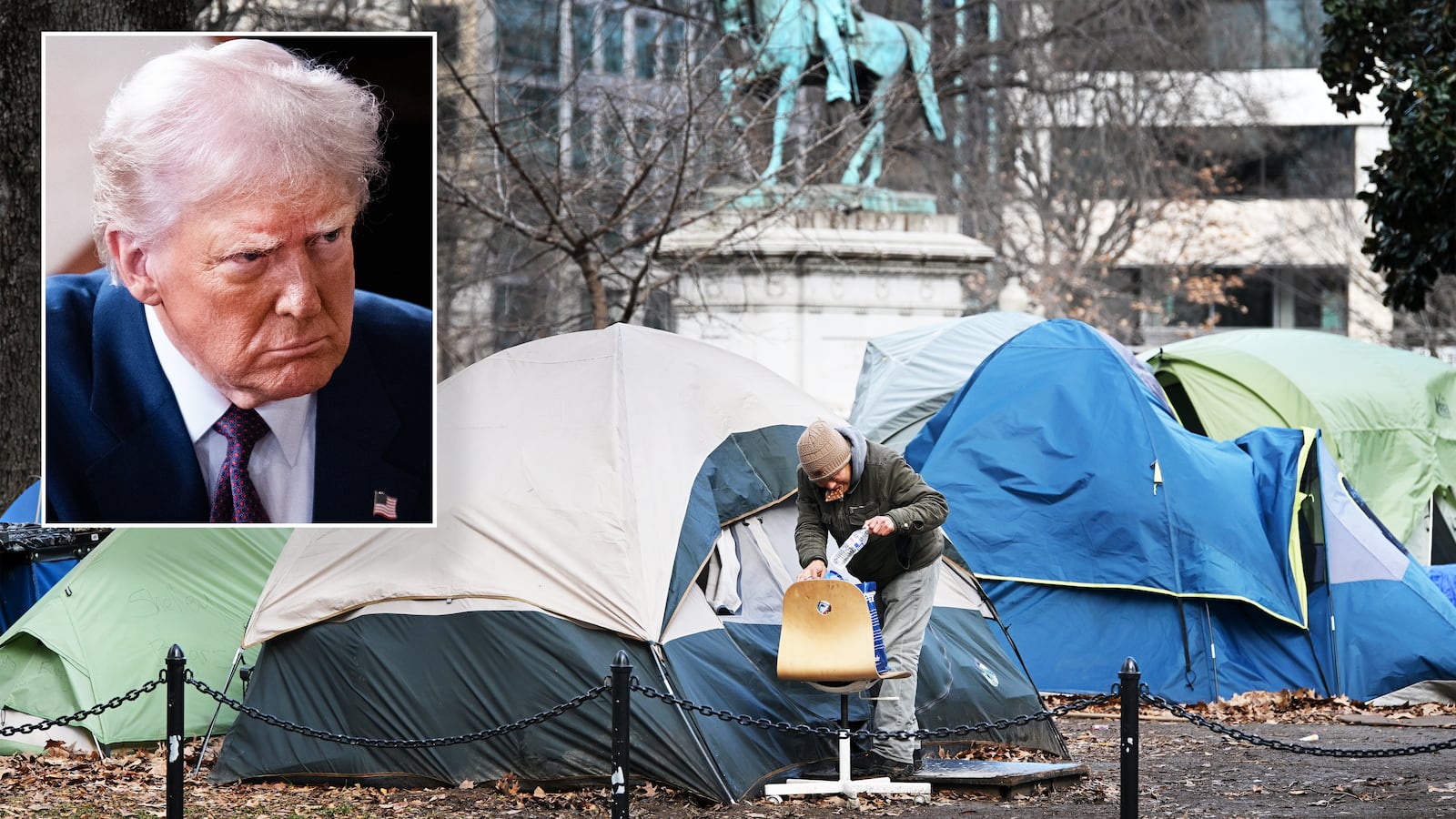Washington DC homeless encampment, Donald Trump inset