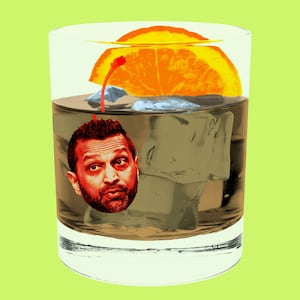 Illo illustration of Kash Patel as as cherry in an old fashioned drink