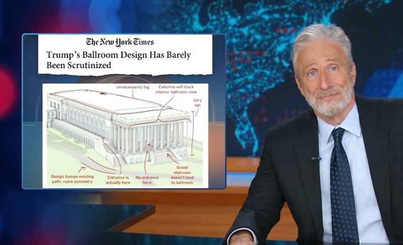 The Daily Show, Jon Stewart reacting to NYT's report on Trump's ballroom plans.
