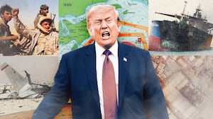 A photo illustration of Donald Trump and scenes from the US Iran war and Houthis advance in Yemen.