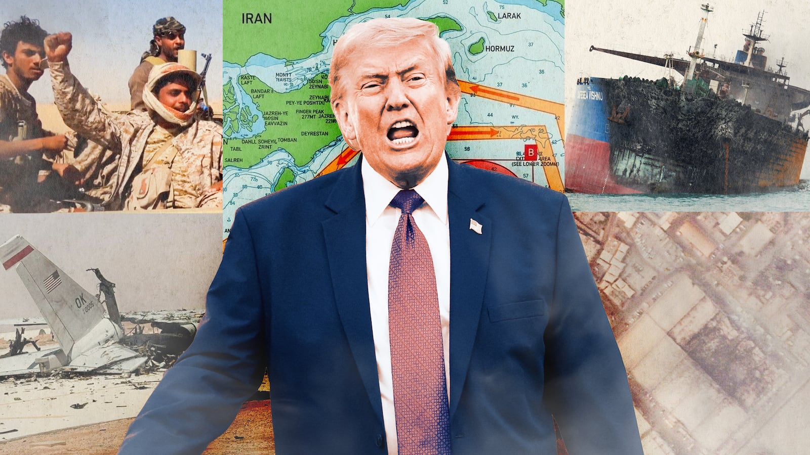 A photo illustration of Donald Trump and scenes from the US Iran war and Houthis advance in Yemen.
