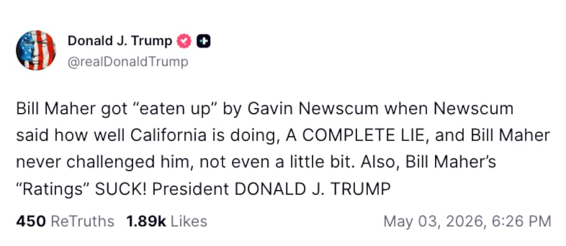 donald trump bill maher gavin newsom truth social