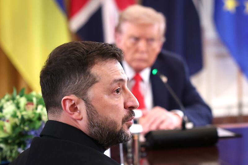 Ukrainian President Volodymyr Zelensky speaks during a meeting with U.S. President Donald Trumpand European leaders at the White House on August 18, 2025 in Washington, DC.