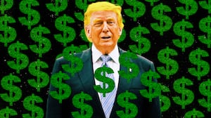 A photo illo illustration of Donald Trump and digital code dollar signs.