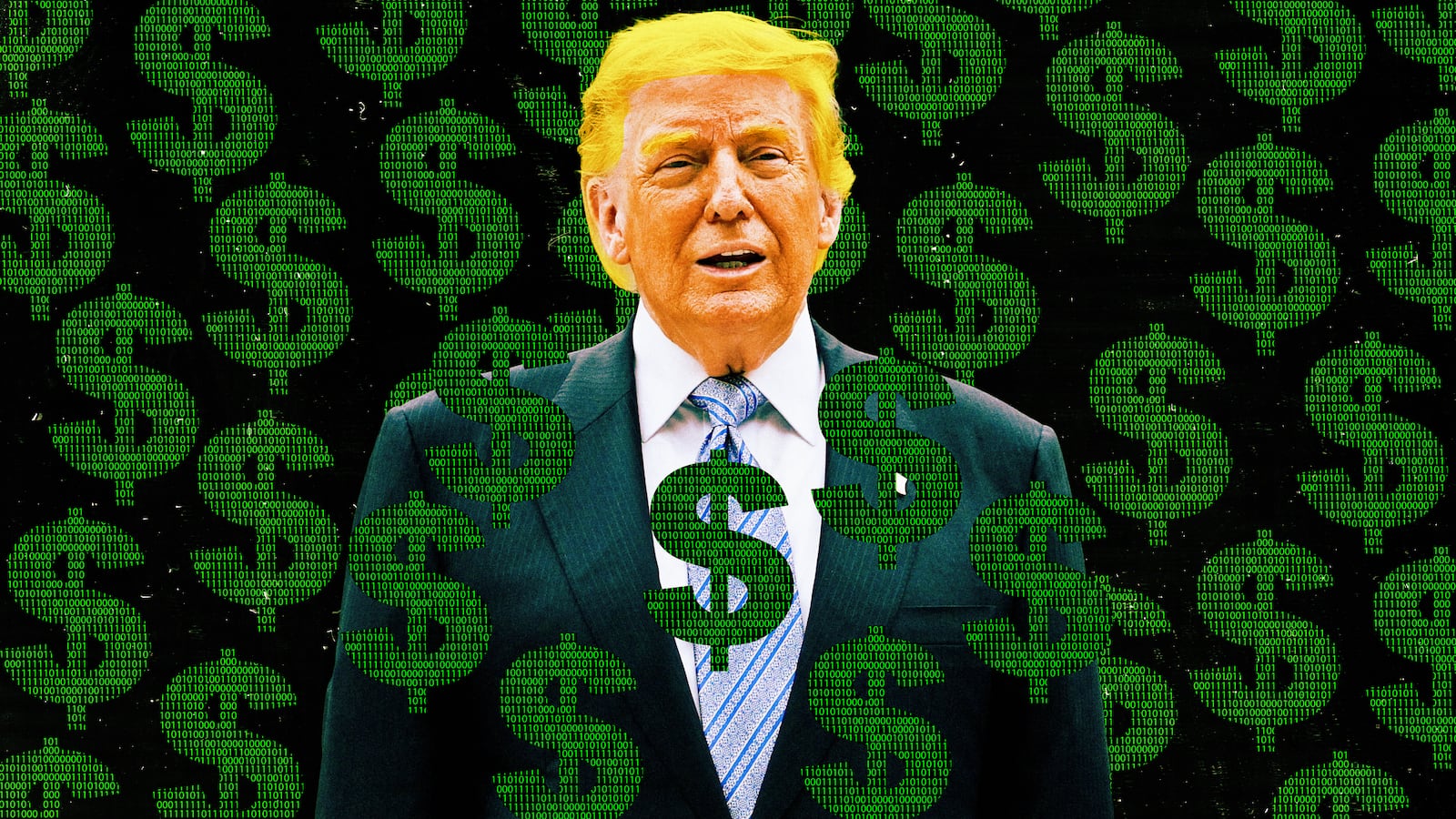 A photo illo illustration of Donald Trump and digital code dollar signs.