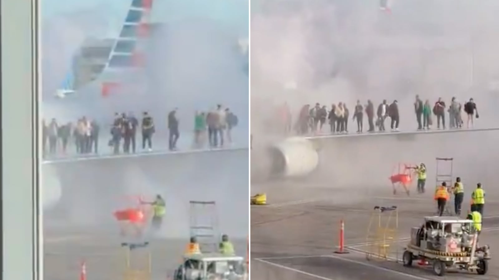 Video shows passagers escaping flames after an American Airlines plane catches fire.