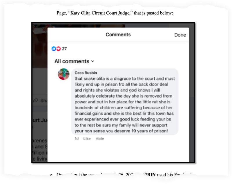 A snippet from the complaint against Cassidy Busbin, which shows a Facebook comment he allegedly made, calling a local judge a “snake” and a “disgrace to the court.”