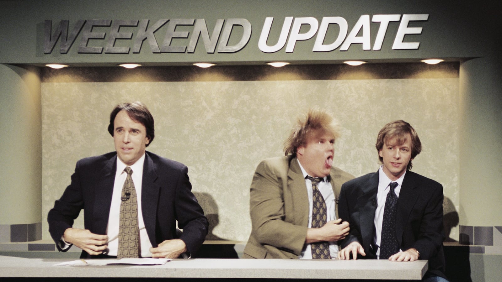 A photo of Chris Farley, Kevin Nealon, and David Spade