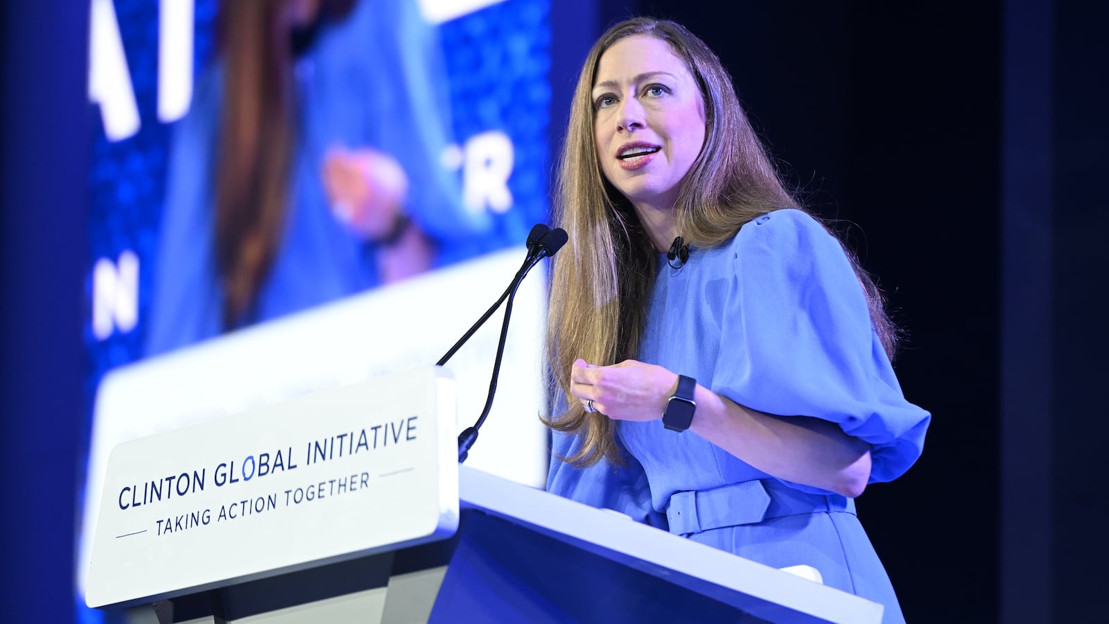 NEW YORK, NEW YORK - SEPTEMBER 18: Chelsea Clinton speaks onstage during the Clinton Global Initiative September 2023 Meeting at New York Hilton Midtown on September 18, 2023 in New York City.
