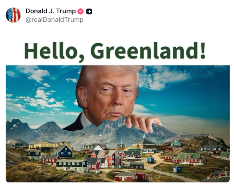 Trump looming over Greenland beneath the words “Hello, Greenland!”