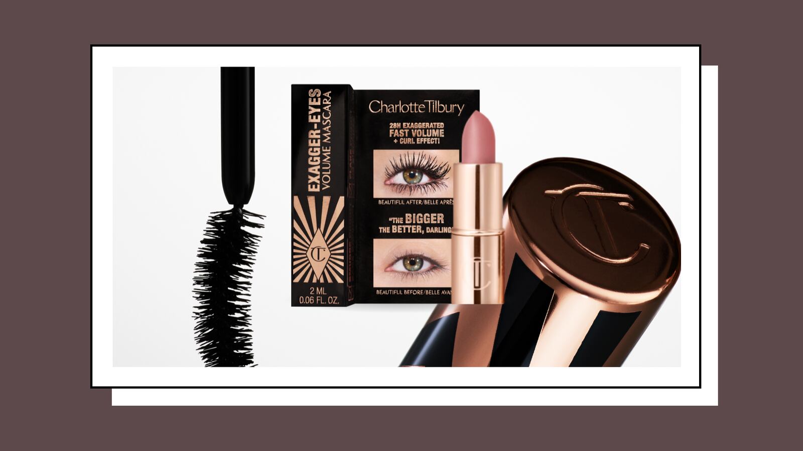 Charlotte Tilbury makeup products including Exagger-Eyes Volume Mascara and a nude-pink lipstick, featuring luxurious black and rose gold packaging.
