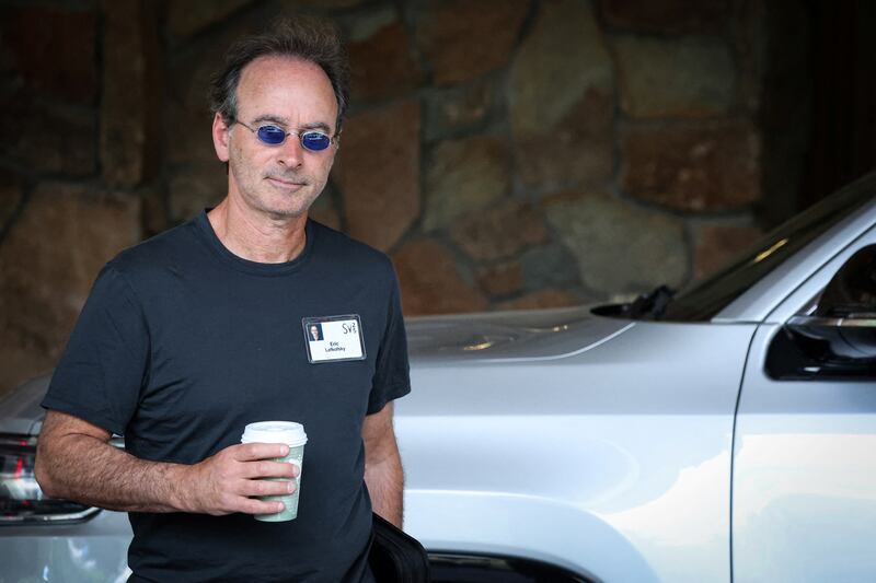 Eric Lefkofsky, chairperson of Groupon, wore a pair of mini-sunglasses as he arrived in Sun Valley holding a cup of coffee.