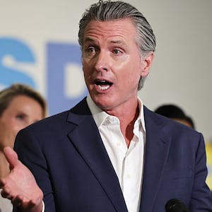 California Governor Gavin Newsom speaks at Belvedere Middle School before signing legislation aimed at improving kids' nutrition and health across California on October 8, 2025 in Los Angeles, California.