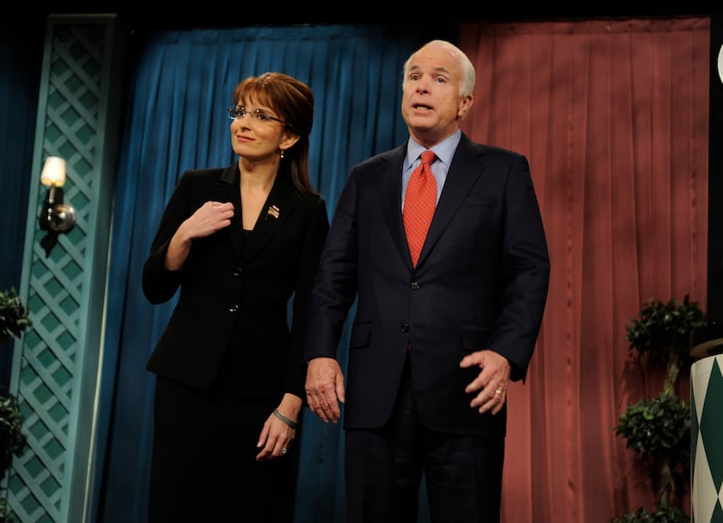 SATURDAY NIGHT LIVE -- "Ben Affleck" Episode 1538 -- airdate 10/01/2008 -- Pictured: (l-r) Tina Fey as Governor Sarah Palin, Senator John McCain during the 'QVC' skit on November 01, 2008