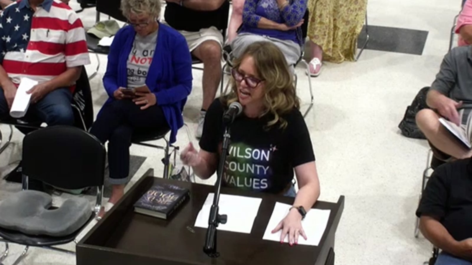 Lindsey Patrick-Wright speaks at the Wilson County Schools board meeting on Jul 10, 2023, in Tennessee.