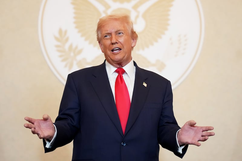 President Donald Trump speaks during a meeting with business leaders at the U.S. Ambassador's Residence on October 28, 2025 in Tokyo, Japan.