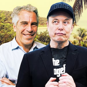 A photo illustration of Jeffrey Epstein, Elon Musk, and the vew towards the dock and the pool house at Little Saint James island in the Virgin Islands.