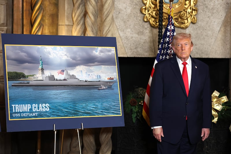 ALM BEACH, FLORIDA - DECEMBER 22: U.S. President Donald Trump announced the creation of the “Trump-class” battleship during a statement to the media at Trump’s Mar-a-Lago estate on December 22, 2025 in Palm Beach, Florida. Trump announced the new class of ship will become the centerpiece of his “Golden Fleet” program to rebuild and strengthen the U.S. shipbuilding industry. (Photo by Tasos Katopodis/Getty Images)