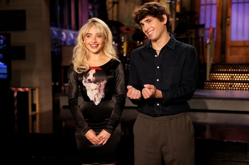 SATURDAY NIGHT LIVE -- Episode 1887 -- Pictured: (l-r) Host and musical guest Sabrina Carpenter and Marcello Hernández during Promos on Thusday, October 16, 2025.
