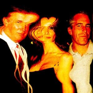 Distorted image of Donald Trump, Melania Trump, Jeffrey Epstein, and Ghislaine Maxwell