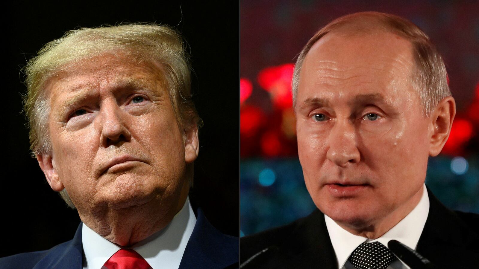 This combination of pictures US President Donald Trump delivering remarks at a rally in Phoenix, Arizona, on February 19, 2020 and Russian President Vladimir Putin delivering a speech during a ceremony in Jerusalem on January 23, 2020.