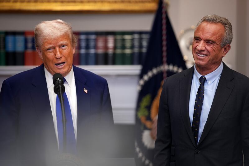 President Donald Trump, joined by Health and Human Services Secretary Robert F. Kennedy Jr., speaks during a press conference in the Roosevelt Room of the White House on May 12, 2025, in Washington, DC.