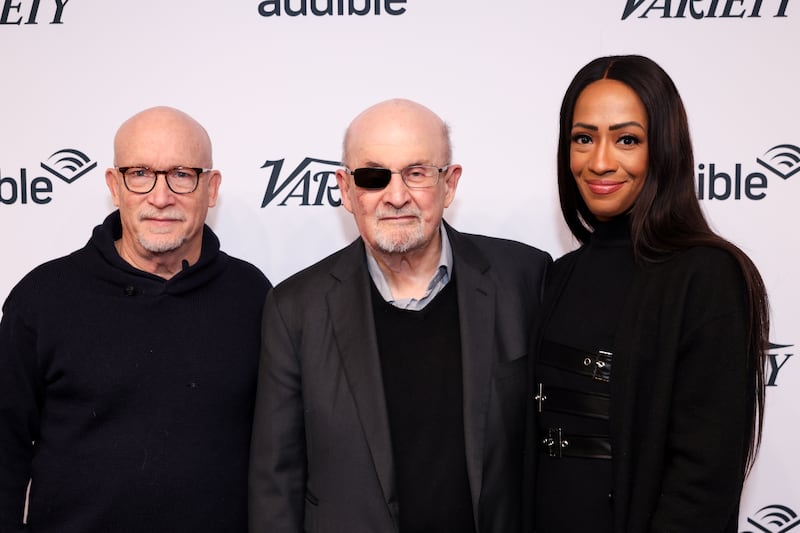 Alex Gibney, Salman Rushdie and Rachel Eliza Griffiths at The Variety Studio during the 2026 Sundance Film Festival Presented by Audible at Audible Listening Lodge on January 25, 2026 in Park City, Utah. (Photo by Anna Webber/Variety via Getty Images)