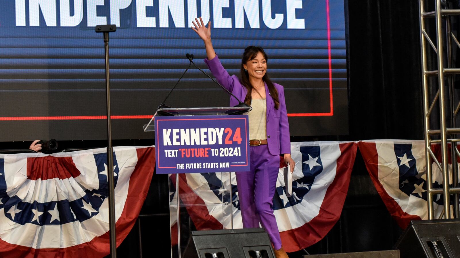Nicole Shanahan greets people as she becomes the vice presidential candidate of independent presidential candidate Robert F. Kennedy, Jr., in Oakland, California.