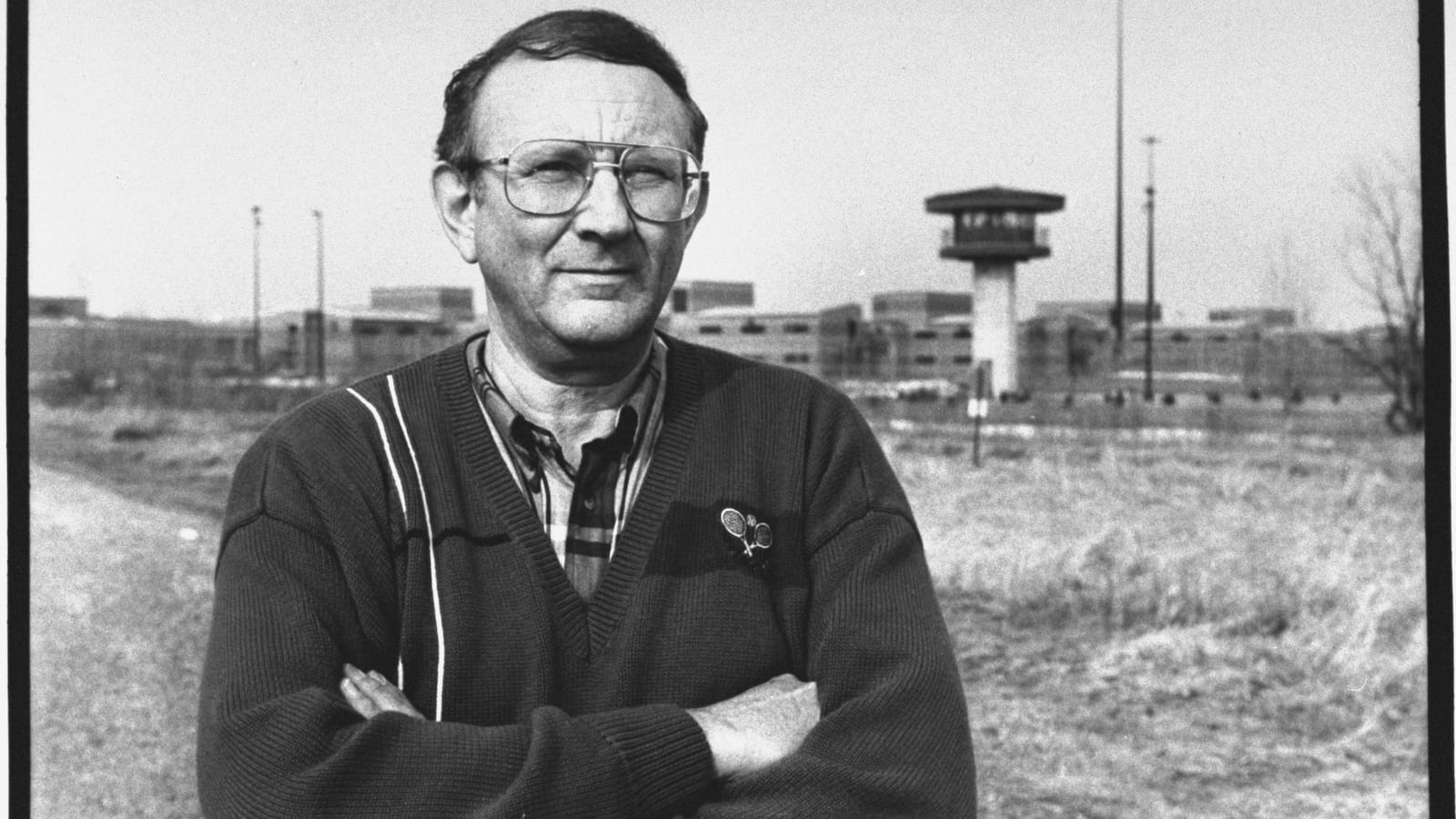 Lionel Dahmer, father of confessed serial killer Jeffrey Dahmer, standing outside of Columbia Correctional Institute where his son is imprisoned