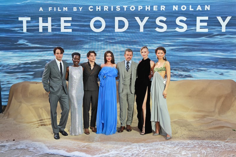 The cast of “The Odyssey”: Robert Pattinson, Lupita Nyong’o, Tom Holland, Anne Hathaway, Matt Damon, Charlize Theron, and Zendaya at the World Premiere in London, England.