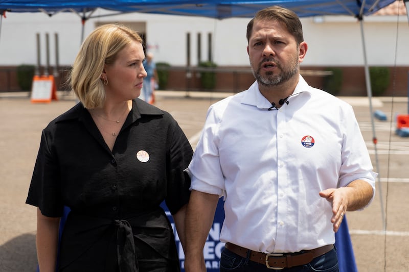 Arizona Democratic candidate for Senate and U.S. Rep. Ruben Gallego holds a press conference with his wife Sydney Gallego