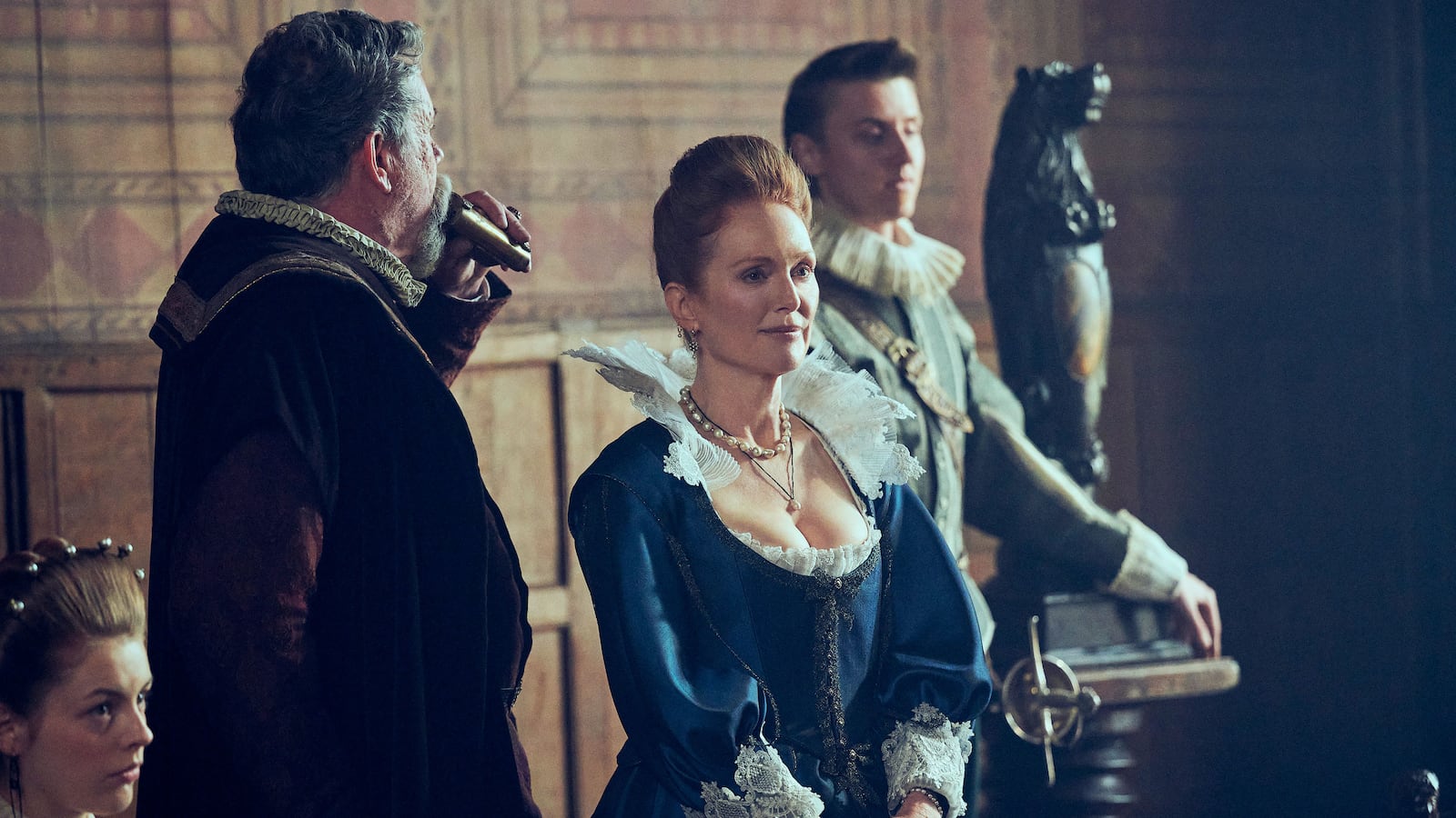 A photo including Sean Gilder, Julianne Moore, and Jacob McCarthy in the series Mary & George on Starz