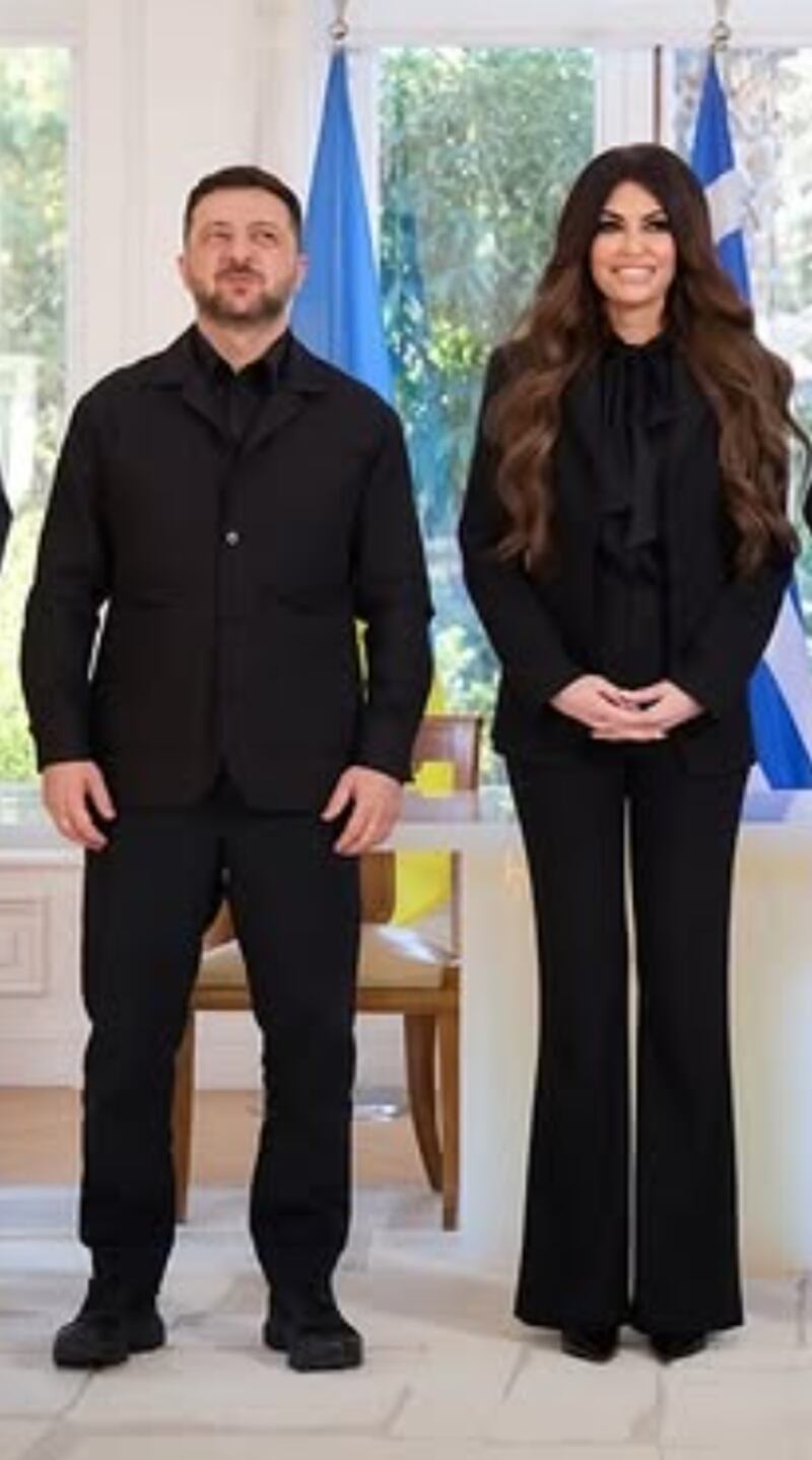 U.S. Ambassador to Greece Kimberly Guilfoyle and Volodymyr Zelensky in matching black.