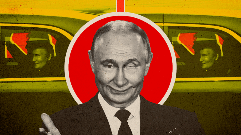 Vladimir Putin winking in front of an image of him and Donald Trump in a motorcade in Alaska