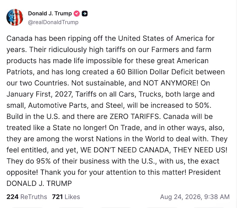 Trump blasts Canada in post about hiking tariffs in January.