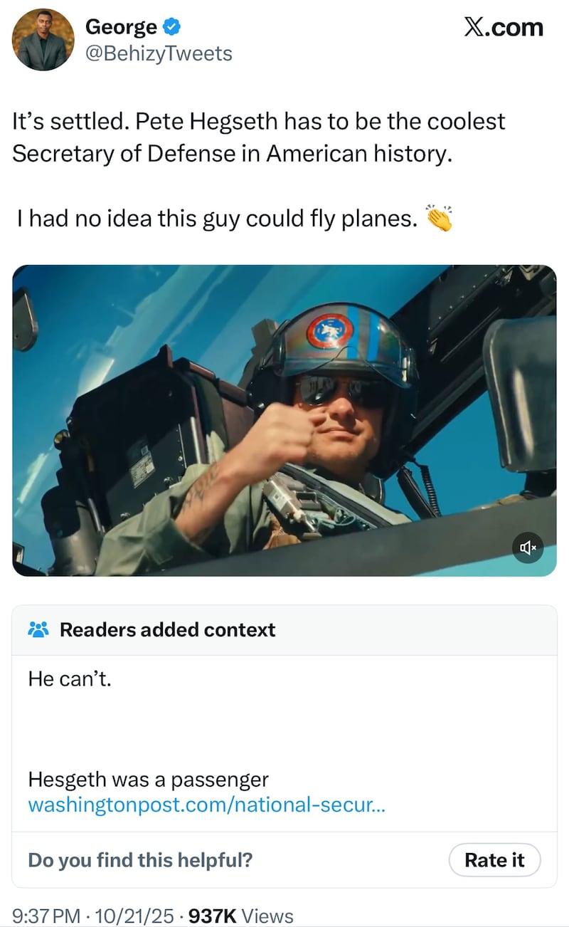 Community note correcting the idea that Hegseth is a pilot.