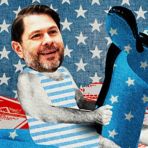 Ruben Gallego on an inflatable inner tube of a donkey over a pile of red cash