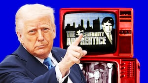 A photo illustration of Donald Trump pointing at television sets with The Apprentice on them.
