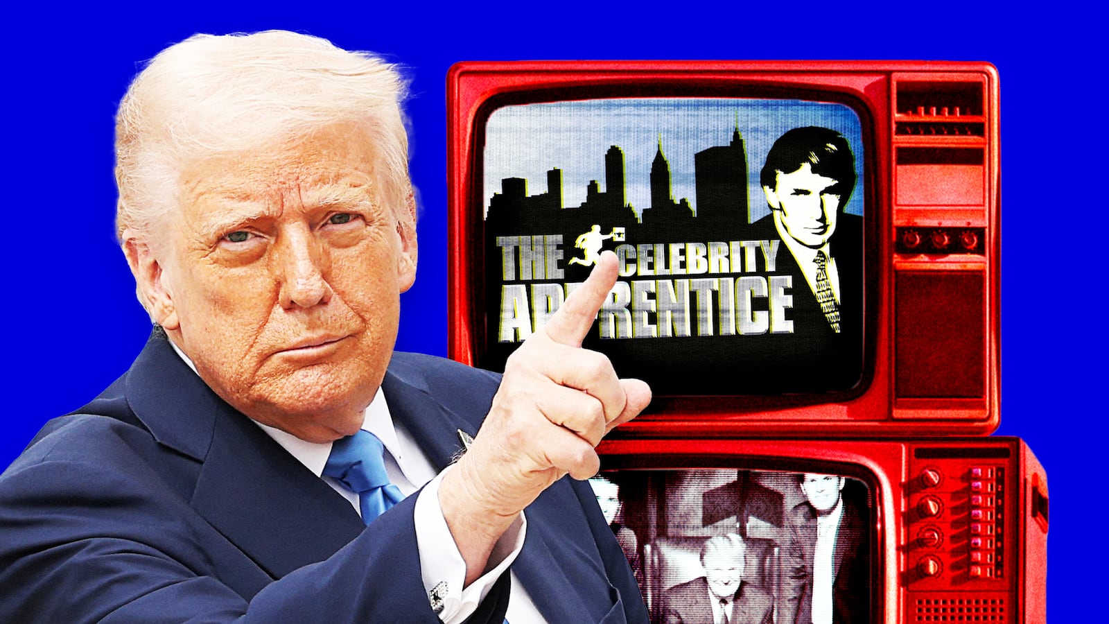 A photo illustration of Donald Trump pointing at television sets with The Apprentice on them.