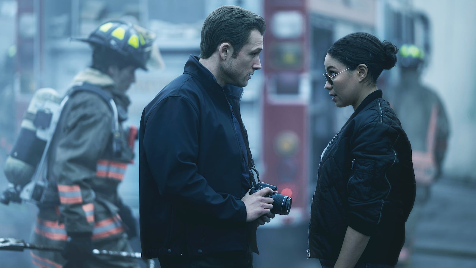 Taron Egerton and Jurnee Smollett in "Smoke."