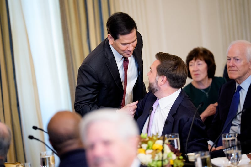 WASHINGTON, DC - NOVEMBER 5: U.S. Secretary of State Marco Rubio speaks with U.S. Vice President J.D. Vance as U.S. President Donald Trump hosts Senate Republicans at a breakfast in the State Dining Room of the White House on November 5, 2025 in Washington, DC. Trump is speaking with Republican senators as the U.S. government shutdown has reached day 36. (Photo by Andrew Harnik/Getty Images)