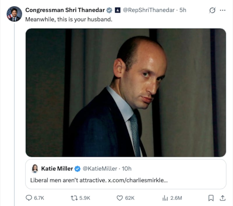 Thanedar replied to Katie Miller with an undated photo of her balding husband.