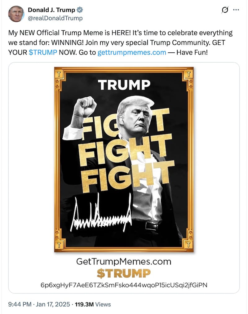 President Trump's post encouraging people to buy his memecoin.