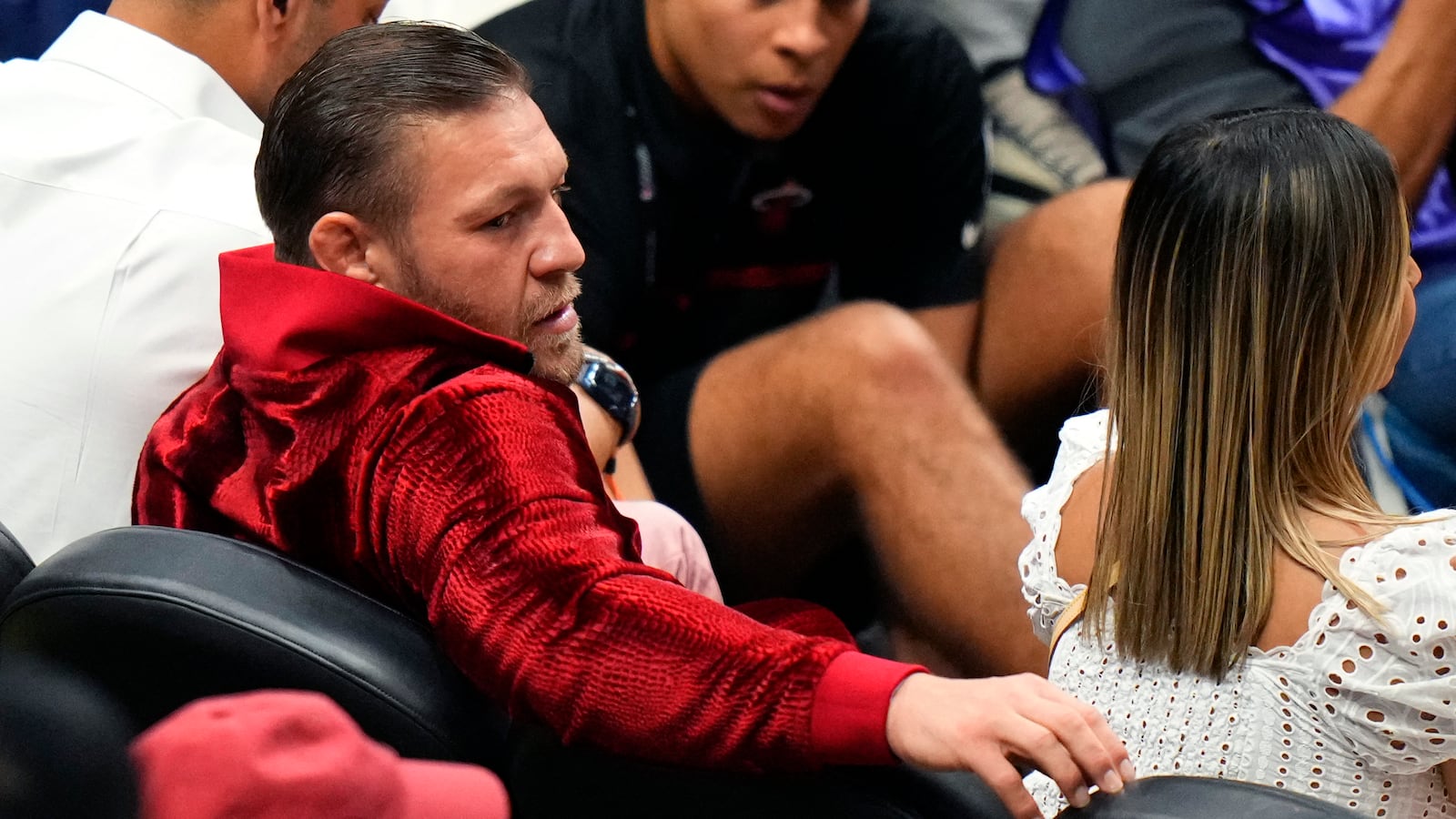 Irish mixed martial artist Conor McGregor looks on during the first half in game four of the 2023 NBA Finals between the Miami Heat and the Denver Nuggets at Kaseya Center.