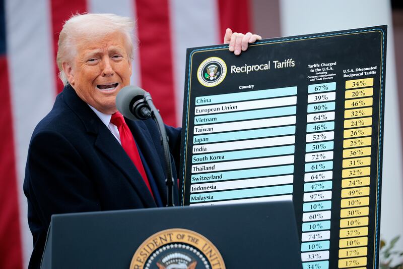 Donald Trump holds up a chart while speaking during a “Make America Wealthy Again” trade announcement event in the Rose Garden at the White House on April 2, 2025 in Washington, DC.