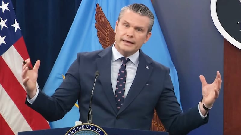 Secretary of Defense Pete Hegseth holds a briefing on Iran at the Pentagon on March 13, 2026.